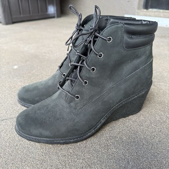 Timberland Boots Women's Amston Size 10 Wedge Heel Black Nubuck Lace Up Bootie - Picture 2 of 8